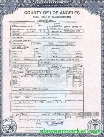 USA California Death Certificate template in PSD format